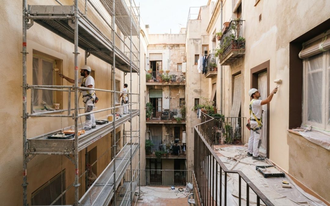 Pintar el portal de una comunidad de vecinos en Barcelona: patios de luces con andamio